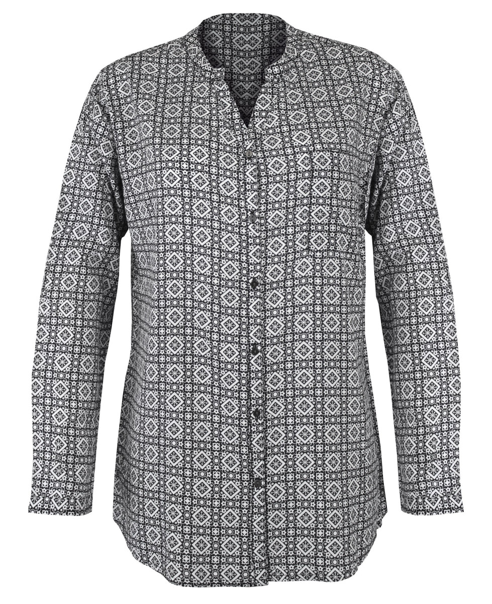 Chemisier imprimé noir/blanc femme – Viscose, col rond, boutons