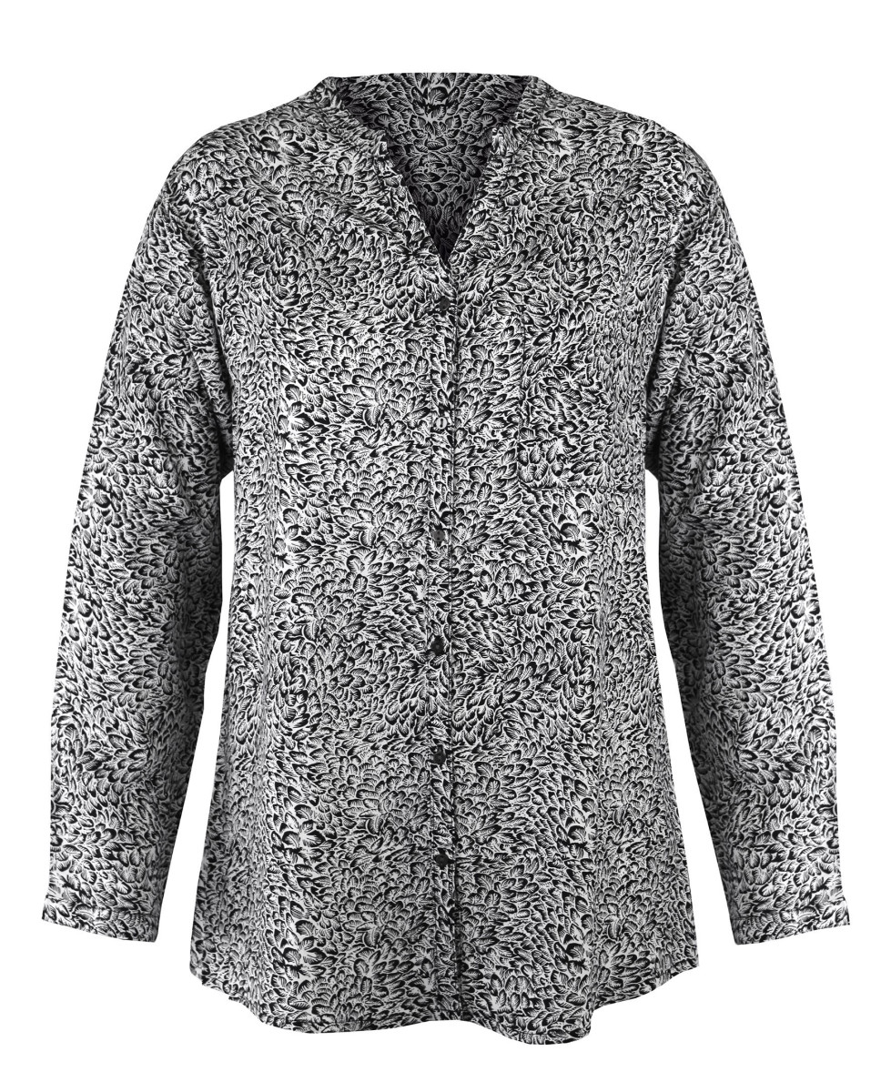 Chemisier imprimé noir/blanc femme – Viscose, col rond, boutons