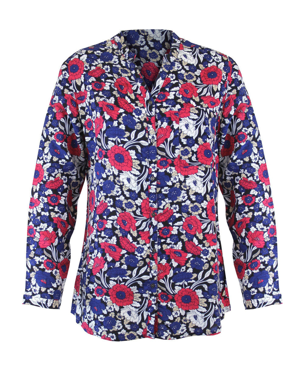 Chemisier imprimé rouge/bleu femme – Viscose, col rond, boutons