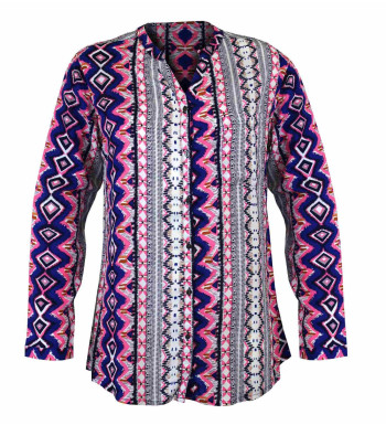 Chemisier imprimé rose/bleu femme – Viscose, col rond, boutons