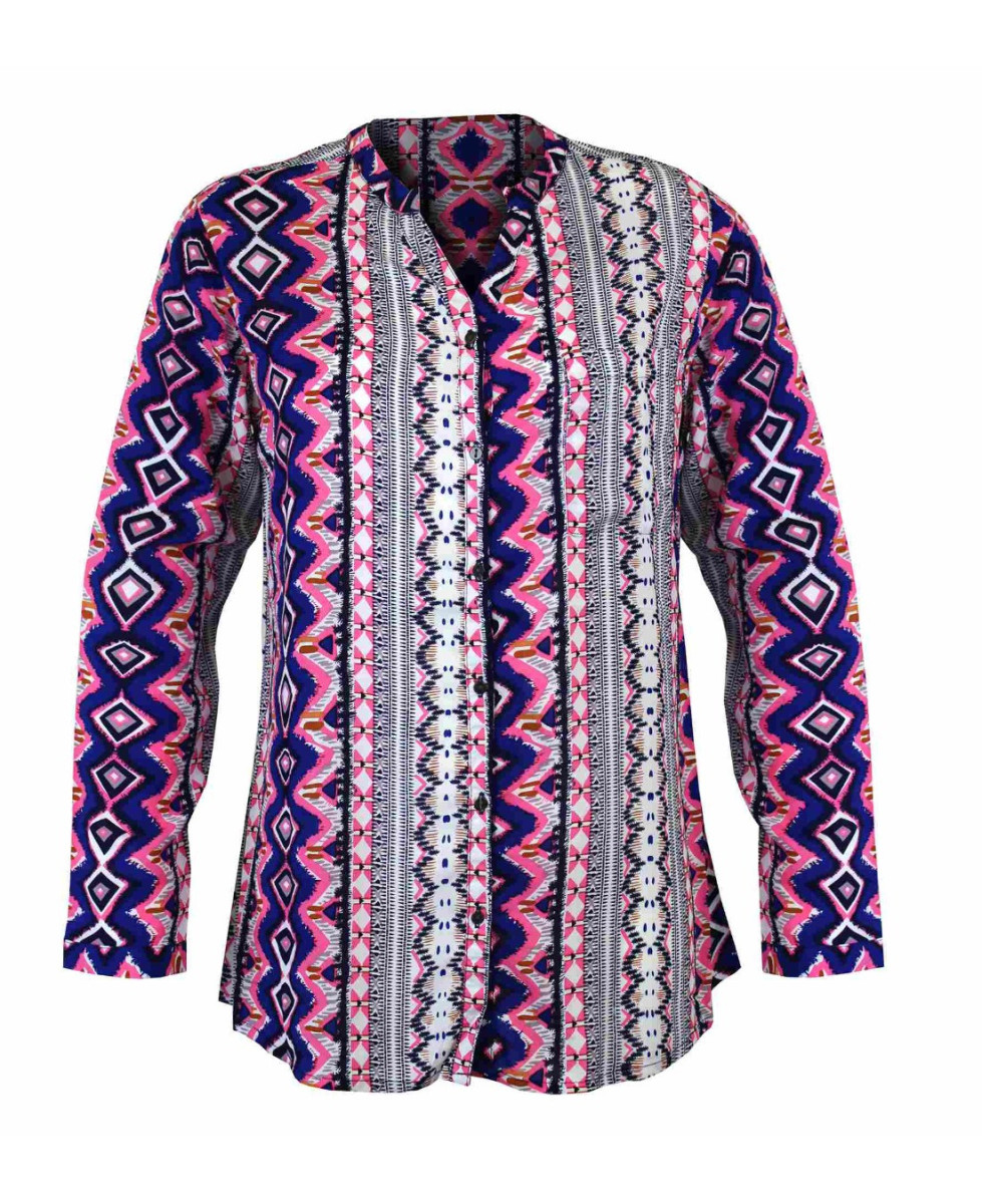 Chemisier imprimé rose/bleu femme – Viscose, col rond, boutons