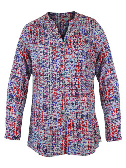 Chemisier imprimé bleu/rouge femme – Viscose, col rond, boutons