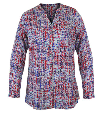 Chemisier imprimé bleu/rouge femme – Viscose, col rond, boutons