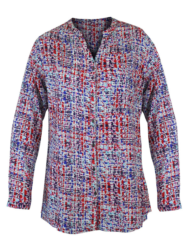 Chemisier imprimé bleu/rouge femme – Viscose, col rond, boutons
