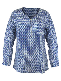 Chemisier bleu/blanc motifs femme – Col V zip, viscose, entretien facile