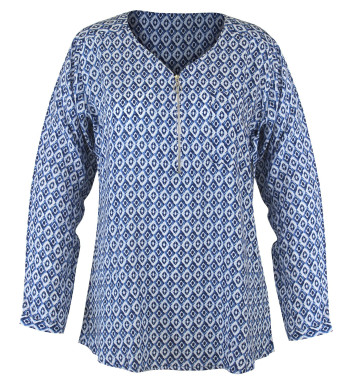 Chemisier bleu/blanc motifs femme – Col V zip, viscose, entretien facile