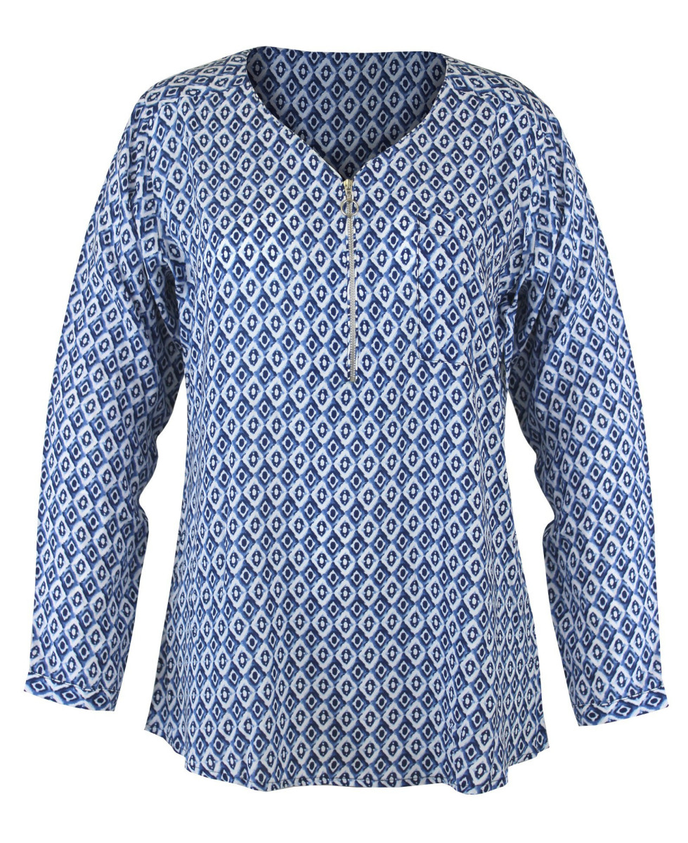Chemisier bleu/blanc motifs femme – Col V zip, viscose, entretien facile