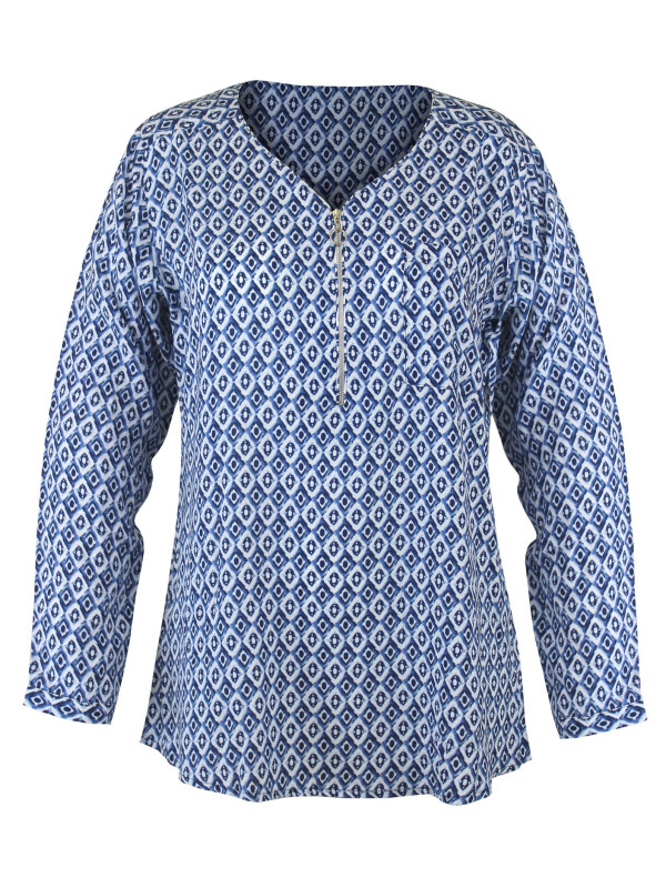 Chemisier bleu/blanc motifs femme – Col V zip, viscose, entretien facile