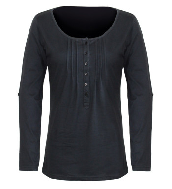 Tee-shirt NANNY3 noir col boutonné manches retroussables femme