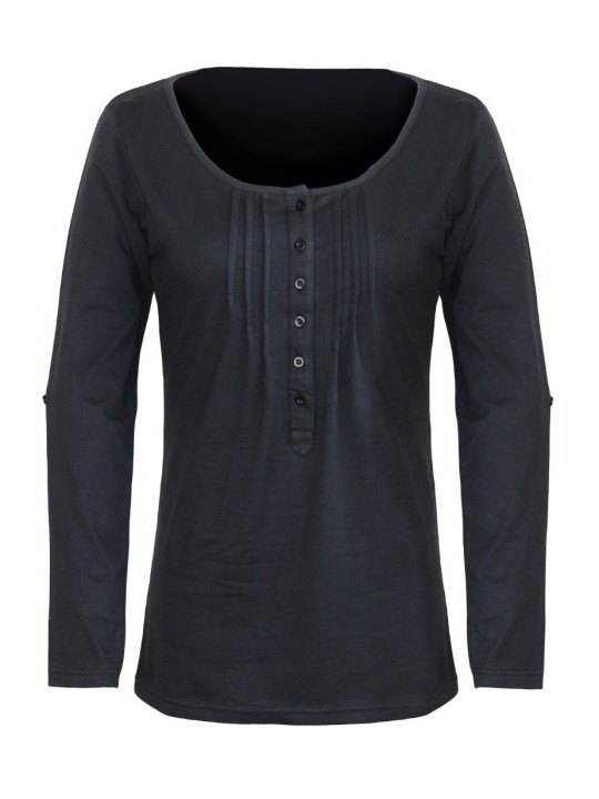 Tee-shirt NANNY3 noir col boutonné manches retroussables femme