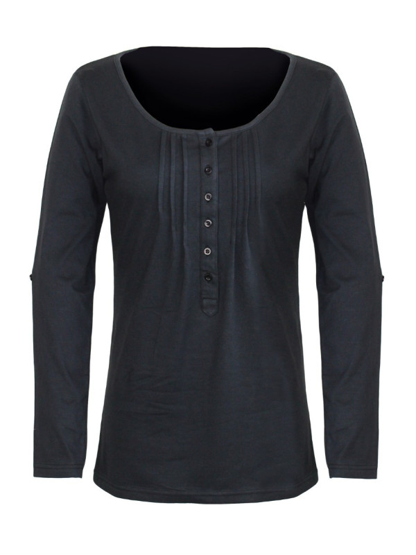 Tee-shirt NANNY3 noir col boutonné manches retroussables femme