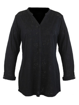 Tunique noire femme, tissu dévoré, col ouvert & manches modulables