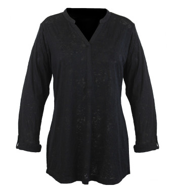 Tunique noire femme, tissu dévoré, col ouvert & manches modulables