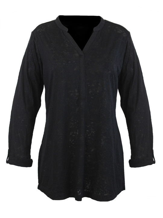 Tunique noire femme, tissu dévoré, col ouvert & manches modulables