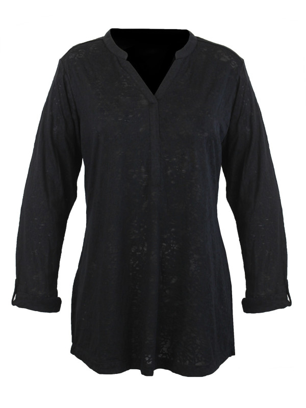 Tunique noire femme, tissu dévoré, col ouvert & manches modulables