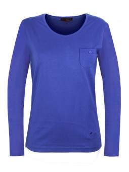 Tee shirt femme bleu manches longues, poche poitrine coton