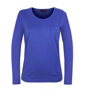 Tee shirt femme bleu manches longues, poche poitrine coton