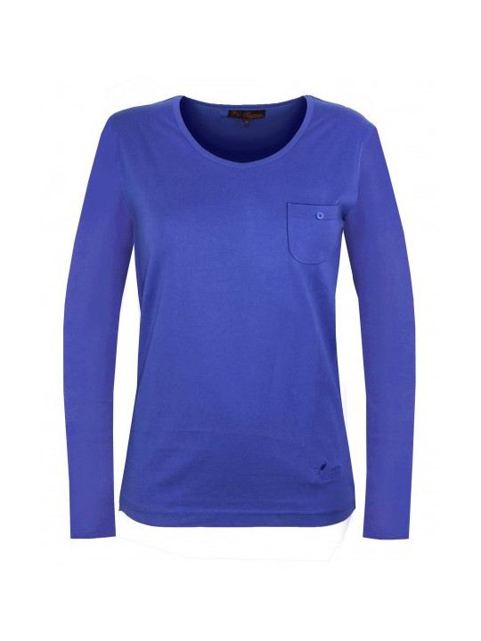 Tee shirt femme bleu manches longues, poche poitrine coton