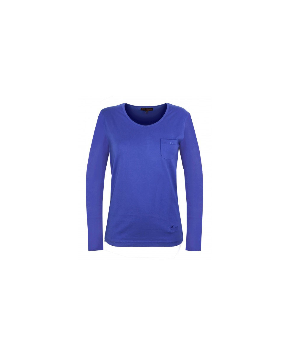 Tee shirt femme bleu manches longues, poche poitrine coton