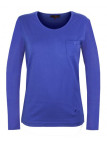 Tee shirt femme bleu manches longues, poche poitrine coton