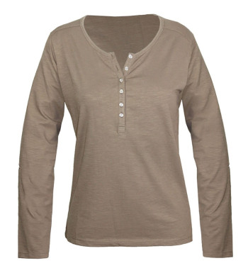 Tee-shirt femme taupe coton flammé, patte boutonnée chic