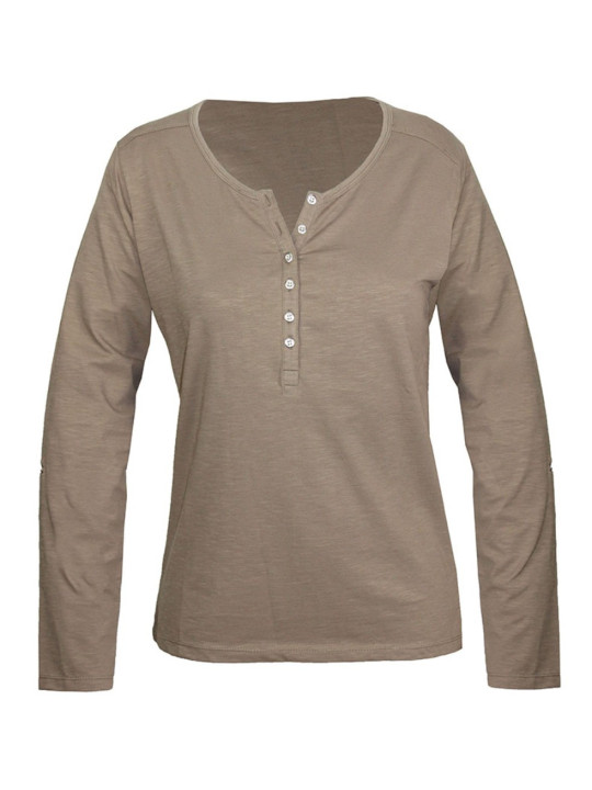 Tee-shirt femme taupe coton flammé, patte boutonnée chic