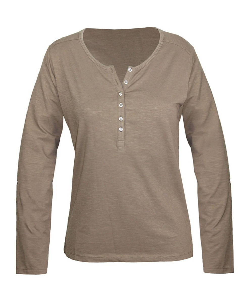 Tee-shirt femme taupe coton flammé, patte boutonnée chic