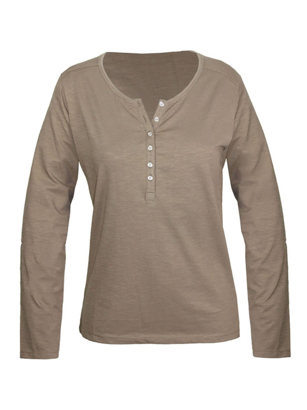Tee-shirt femme taupe coton flammé, patte boutonnée chic