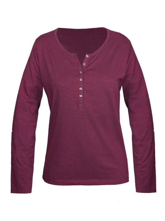 Tee-shirt femme prune coton flammé – Patte boutonnée chic