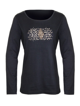 Tee-shirt femme noir jersey – Col rond, sérigraphie chic