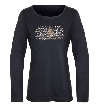 Tee-shirt femme noir jersey – Col rond, sérigraphie chic