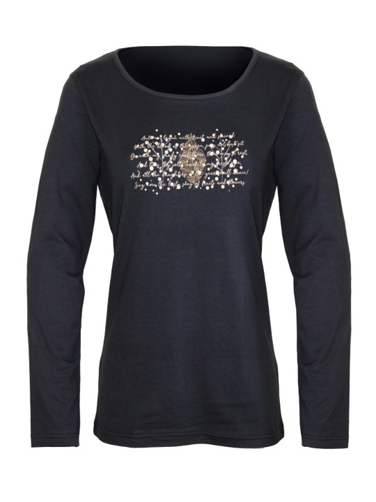 Tee-shirt femme noir jersey – Col rond, sérigraphie chic