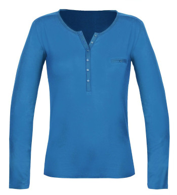 Tee-shirt femme bleu col tunisien satin – Jersey stretch chic