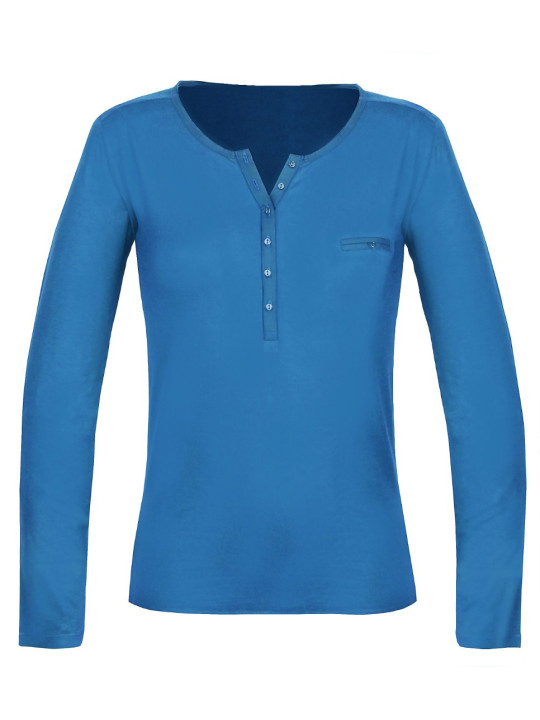 Tee-shirt femme bleu col tunisien satin – Jersey stretch chic