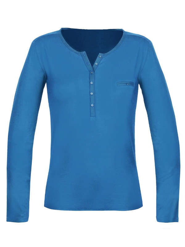 Tee-shirt femme bleu col tunisien satin – Jersey stretch chic