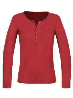Tee-shirt femme rouge col tunisien satin – Jersey stretch chic