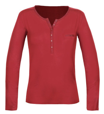 Tee-shirt femme rouge col tunisien satin – Jersey stretch chic