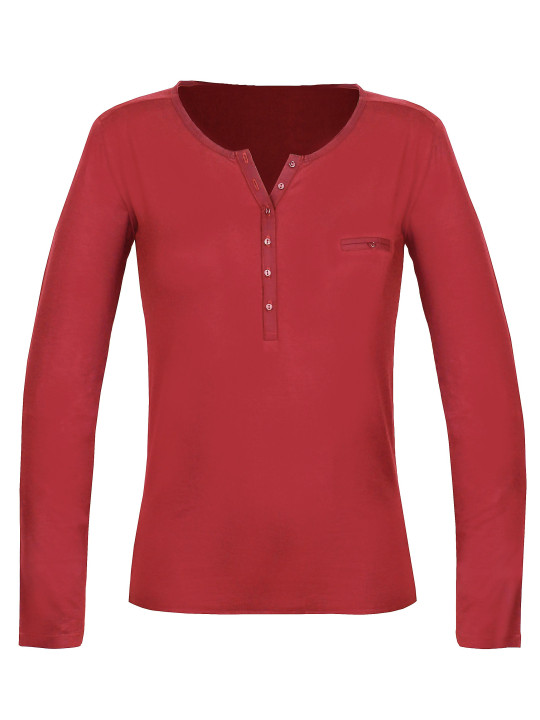 Tee-shirt femme rouge col tunisien satin – Jersey stretch chic