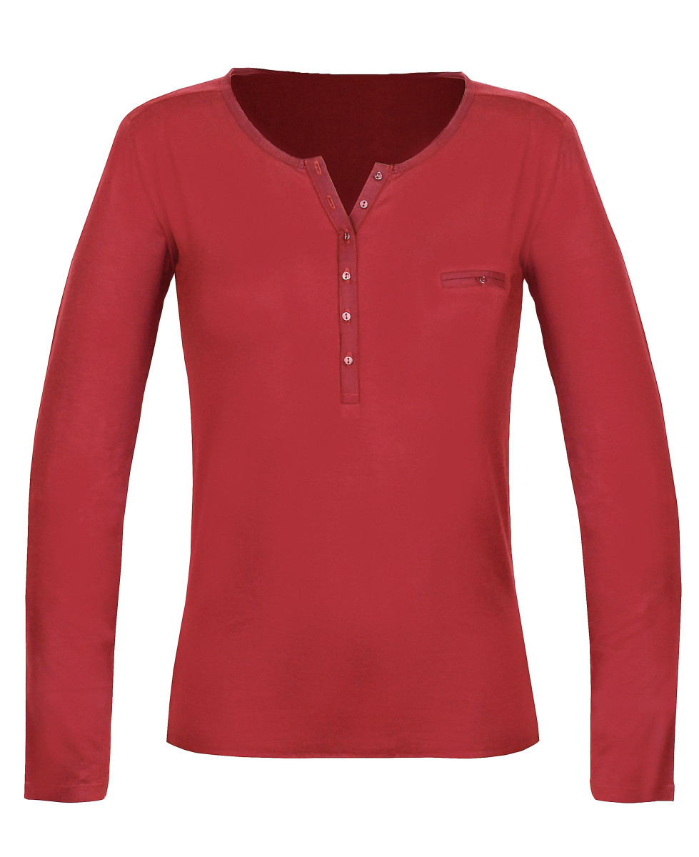 Tee-shirt femme rouge col tunisien satin – Jersey stretch chic