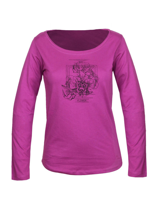 Tee shirt femme fushia coton – Col U roulotté & sérigraphie
