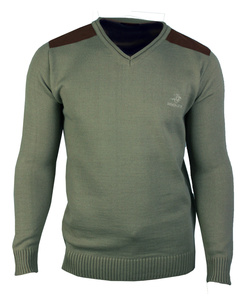 Pull col V homme WINCHESTER PANEL2 – Vert marine élégant
