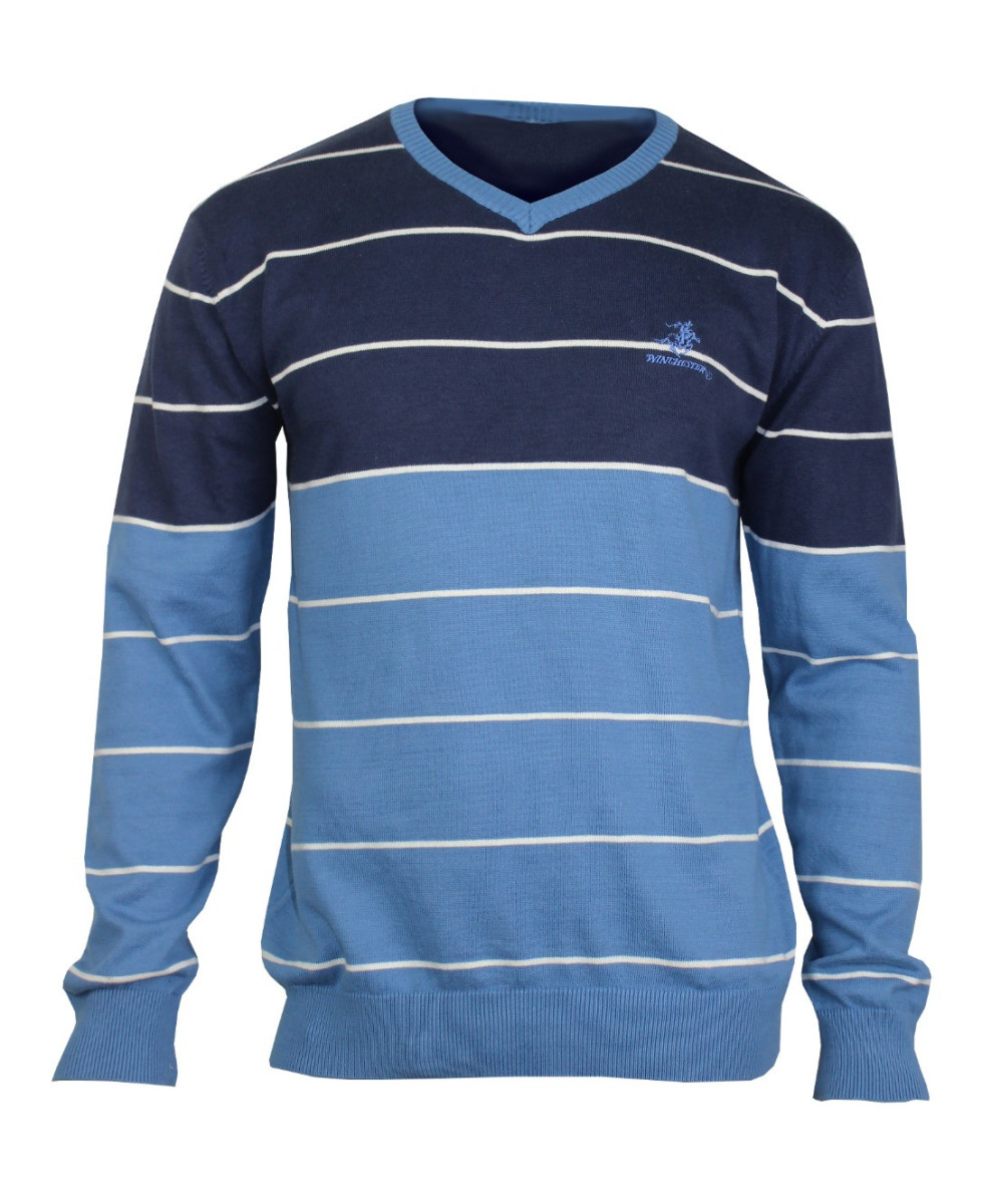 Pull col V homme WINCHESTER PATRICK2 – Bleu marine rayé