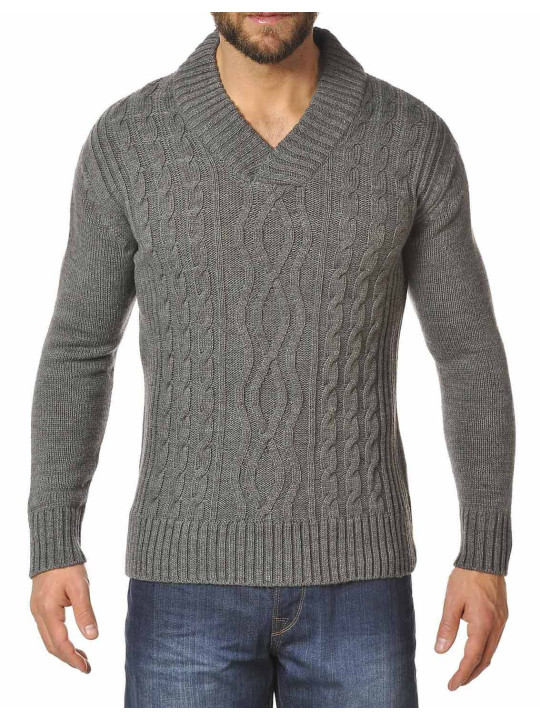 Pull Homme WINCHESTER PILOT1 – Torsades Col Croisé Gris