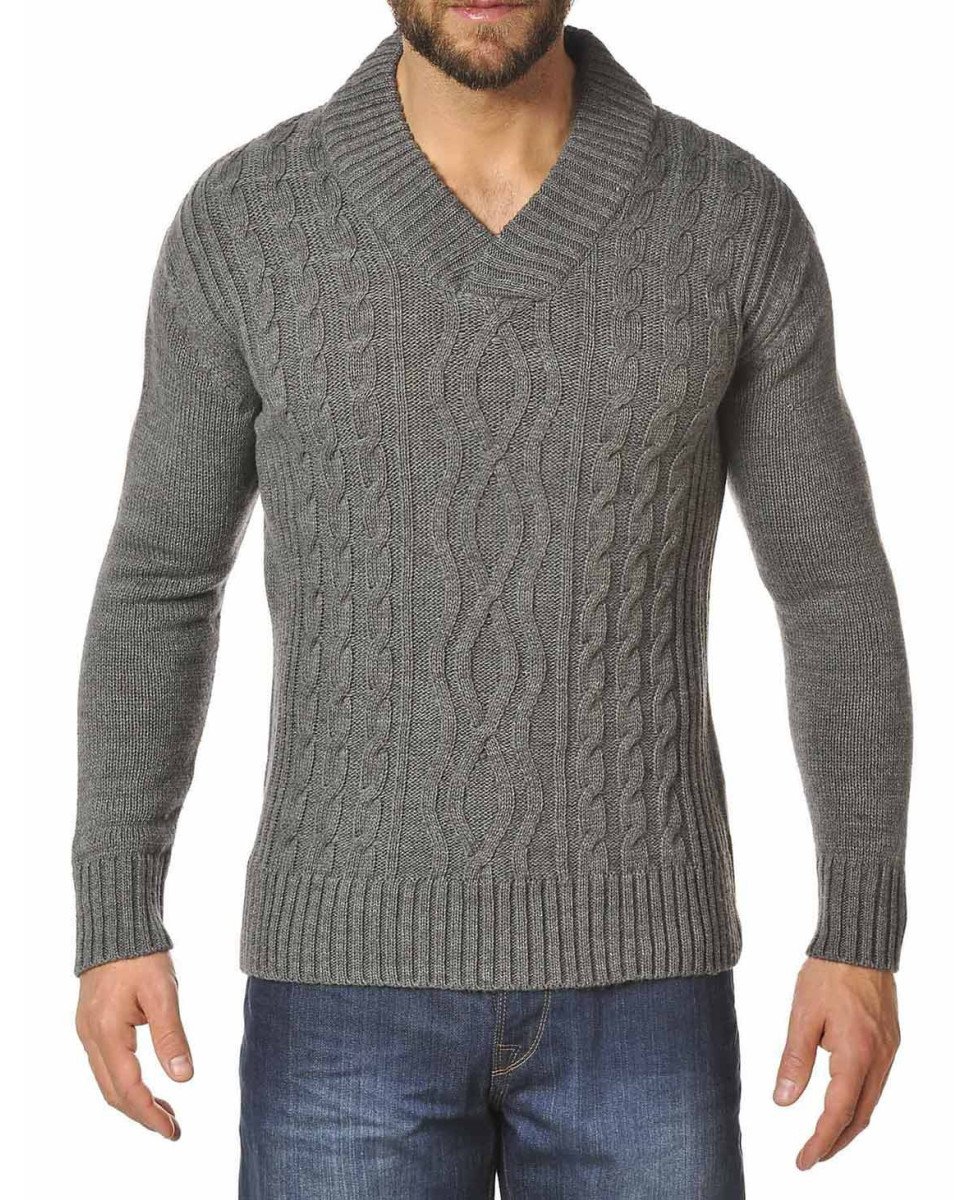 Pull Homme WINCHESTER PILOT1 – Torsades Col Croisé Gris