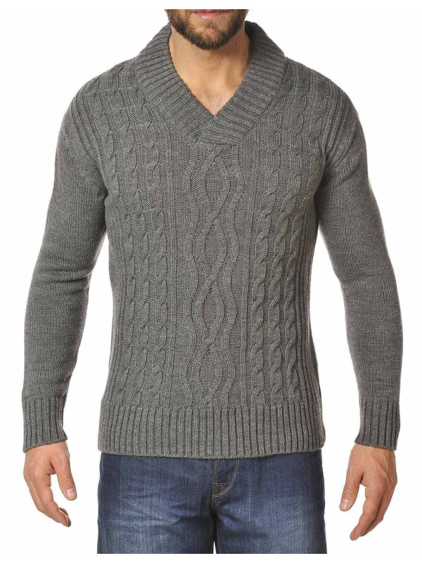 Pull Homme WINCHESTER PILOT1 – Torsades Col Croisé Gris