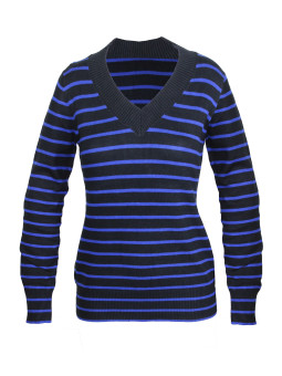 Pull col V rayé PREFACE2 noir/bleu – Maille stretch femme