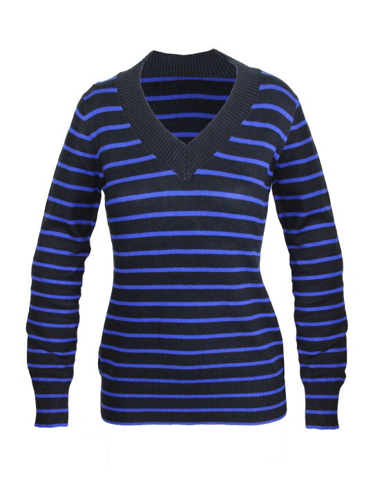 Pull col V rayé PREFACE2 noir/bleu – Maille stretch femme