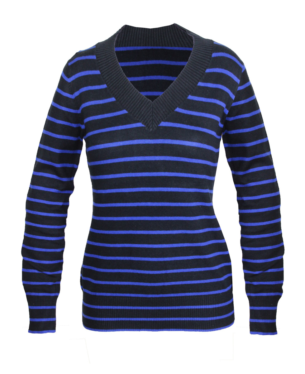 Pull col V rayé PREFACE2 noir/bleu – Maille stretch femme