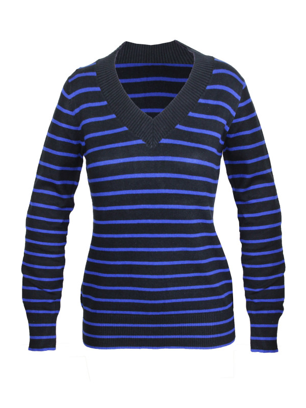 Pull col V rayé PREFACE2 noir/bleu – Maille stretch femme