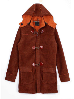 Manteau caban marron/orange femme – Maille épaisse, capuche